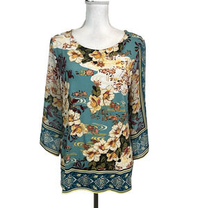 Chico's Blouse Tunic size 1 Medium Green Orange Floral Orchids Stretch Modest